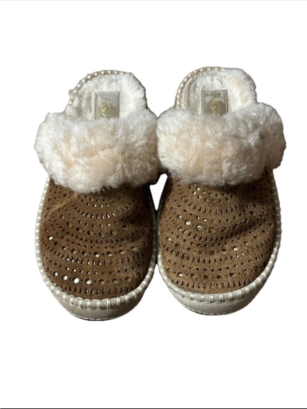 UGG Aira Perforated/Gold sparkle Cream and Tan Slippers with Plush Lining size 8